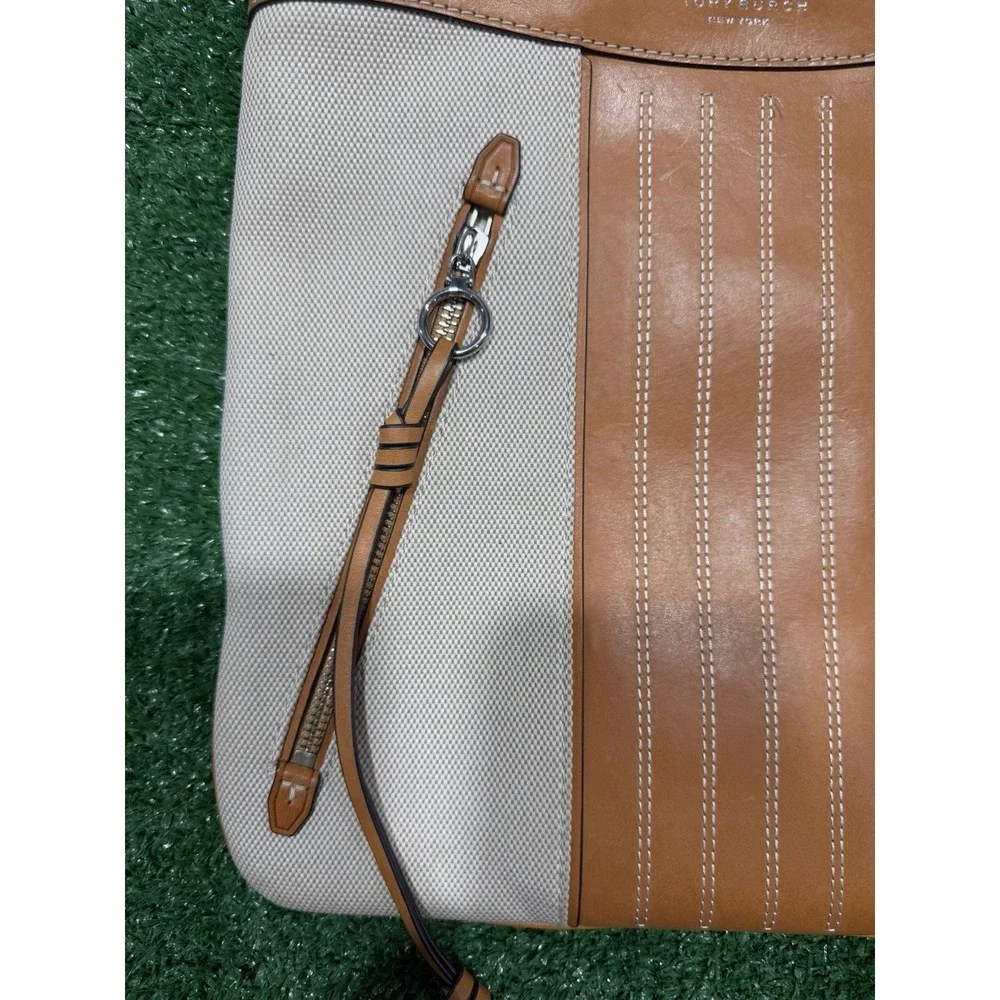 Tory Burch Moto Crossbody Bag Canvas Leather Beige Women's Shoulder Bag
